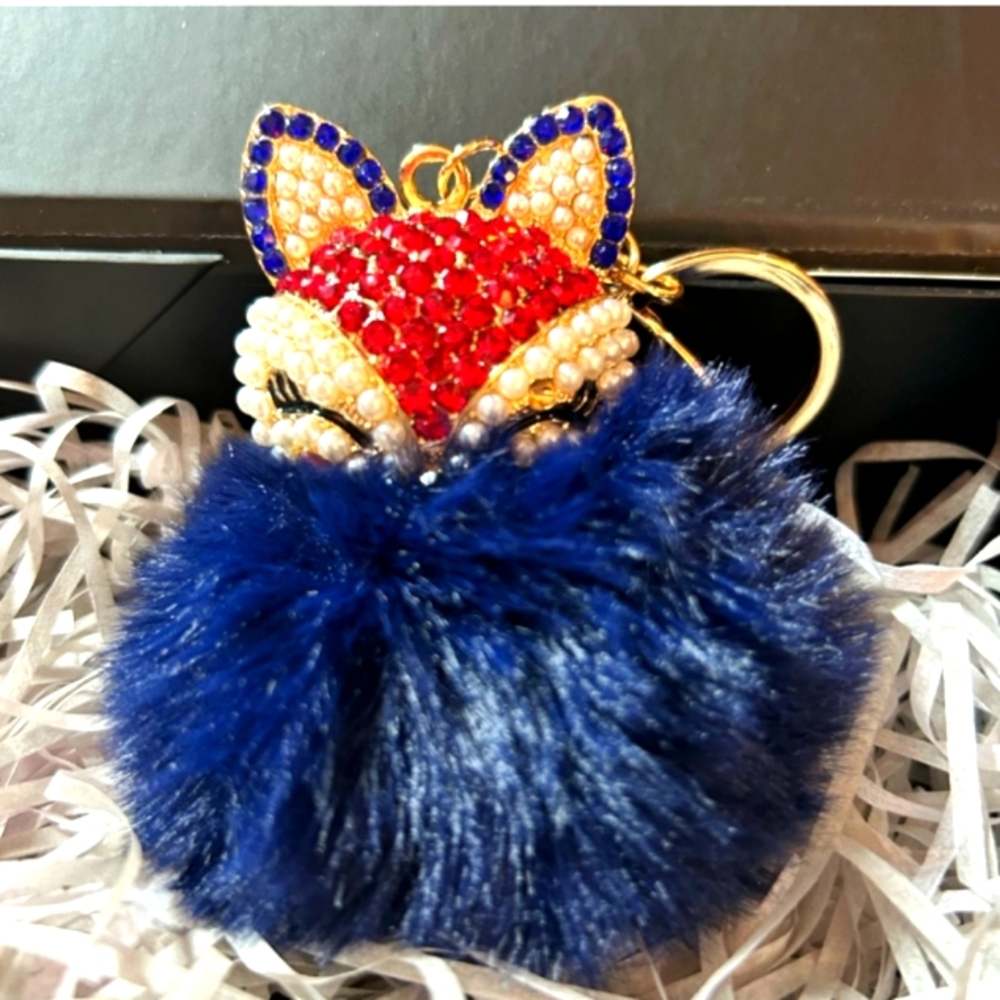 Elegant Blue Fox Keychain with 🔵 Red and Gold Accents